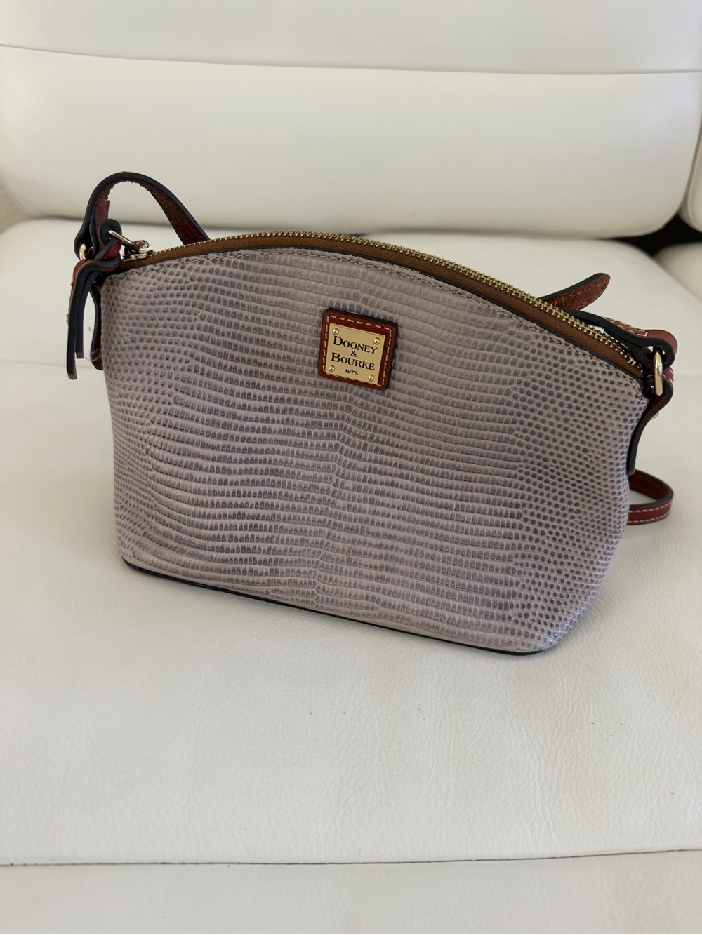 Dooney & Bourke Taupe Lizard-Embossed Crossbody with Brown Trim